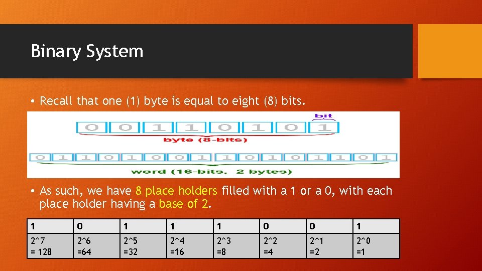 Binary System • Recall that one (1) byte is equal to eight (8) bits.