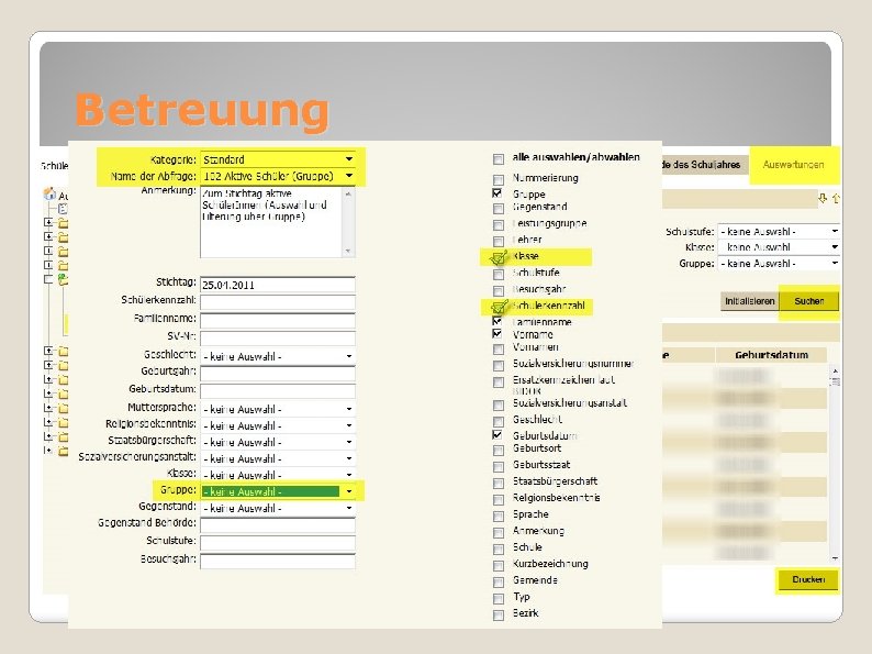 Betreuung Ändern von Einträgen Auswerten 