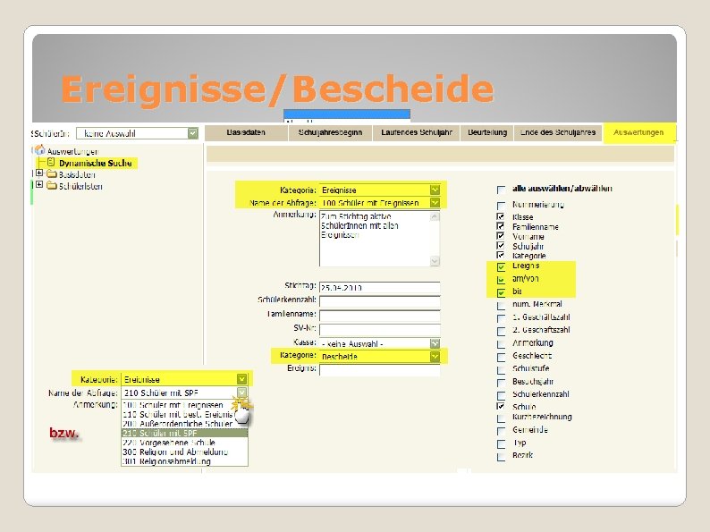 Ereignisse/Bescheide Kategorien Ereignis zuordnen Ereignis auswerten 