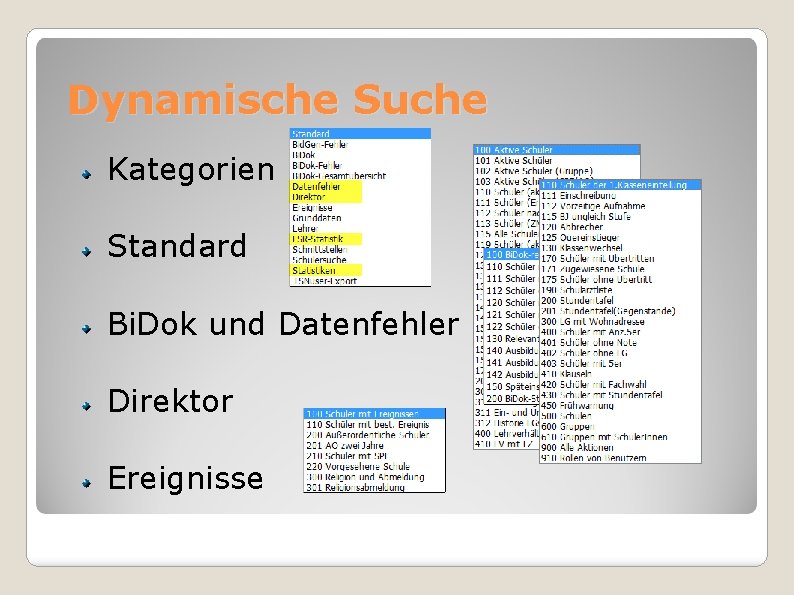 Dynamische Suche Kategorien Standard Bi. Dok und Datenfehler Direktor Ereignisse 