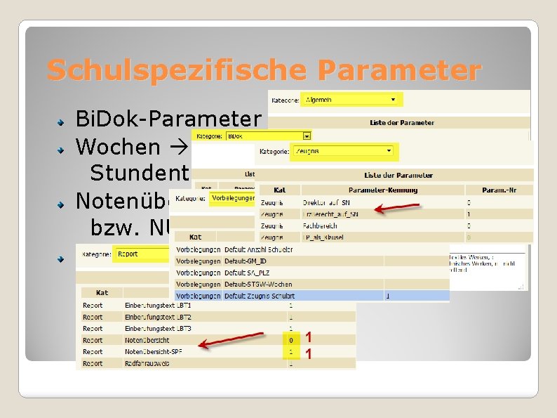 Schulspezifische Parameter Bi. Dok-Parameter Wochen Stundentafel Notenübersicht bzw. NÜ-SPF Direktor. In bzw. Erziehungsber. auf