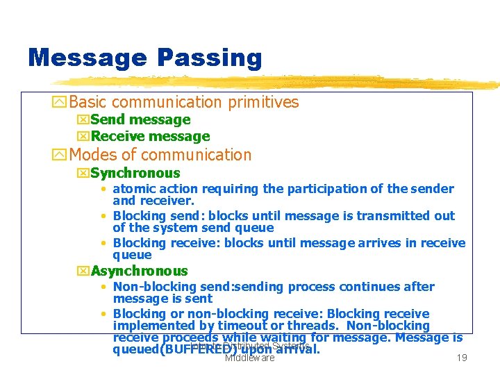 Message Passing y. Basic communication primitives x. Send message x. Receive message y. Modes