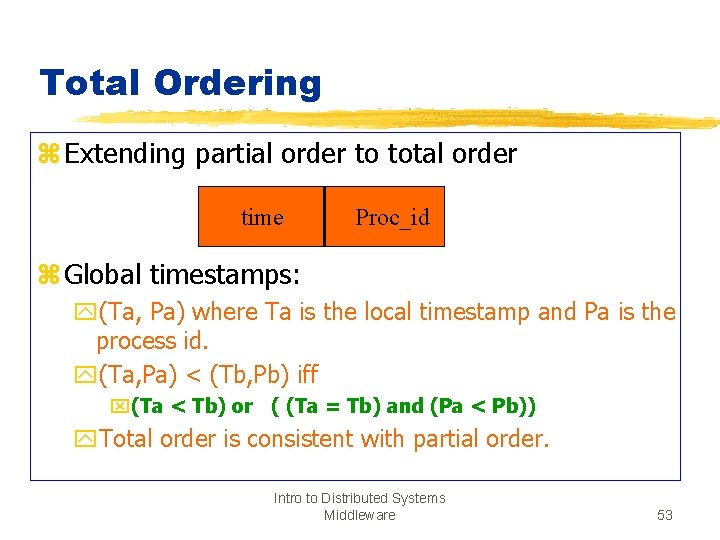 Total Ordering z Extending partial order to total order time Proc_id z Global timestamps: