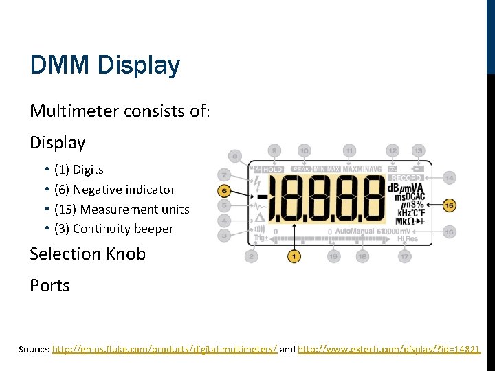 DMM Display Multimeter consists of: Display • • (1) Digits (6) Negative indicator (15)