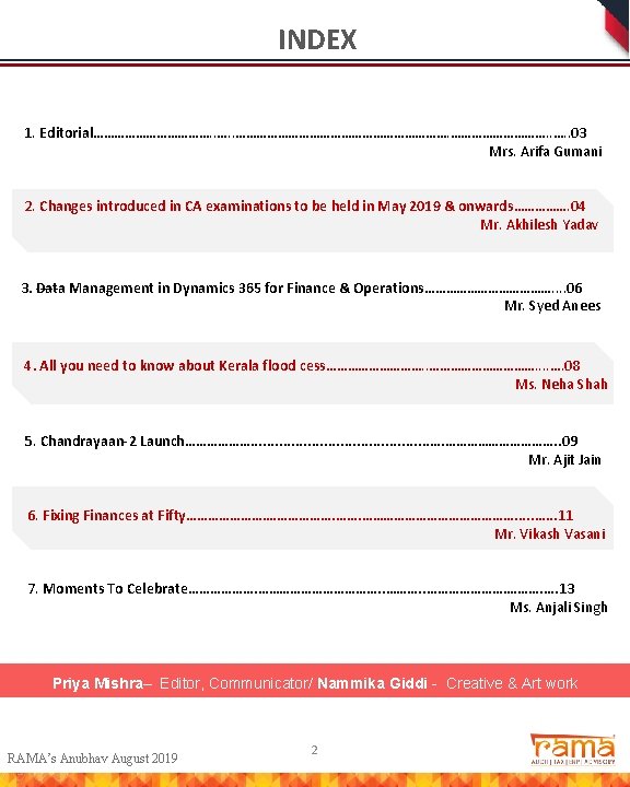 INDEX 1. Editorial………………. . …………………………. . 03 Mrs. Arifa Gumani 2. Changes introduced in