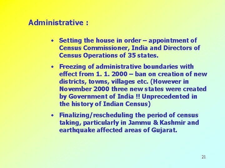 Administrative : • Setting the house in order – appointment of Census Commissioner, India
