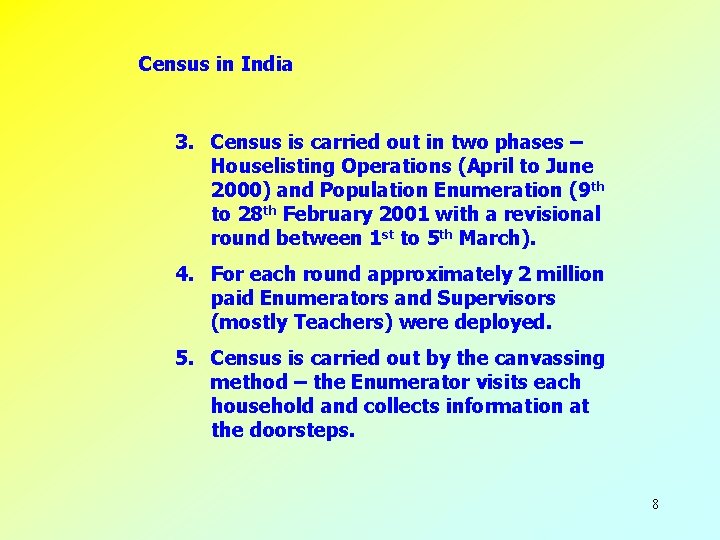 Census in India 3. Census is carried out in two phases – Houselisting Operations