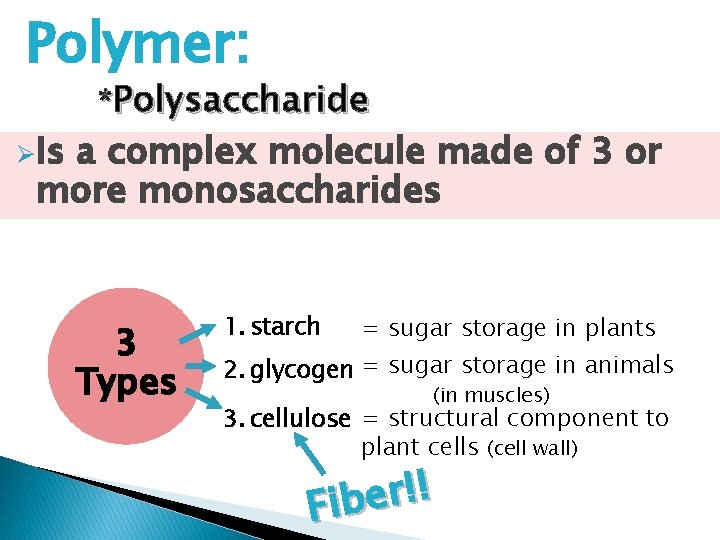 Polymer: ØIs *Polysaccharide a complex molecule made of 3 or more monosaccharides 3 Types