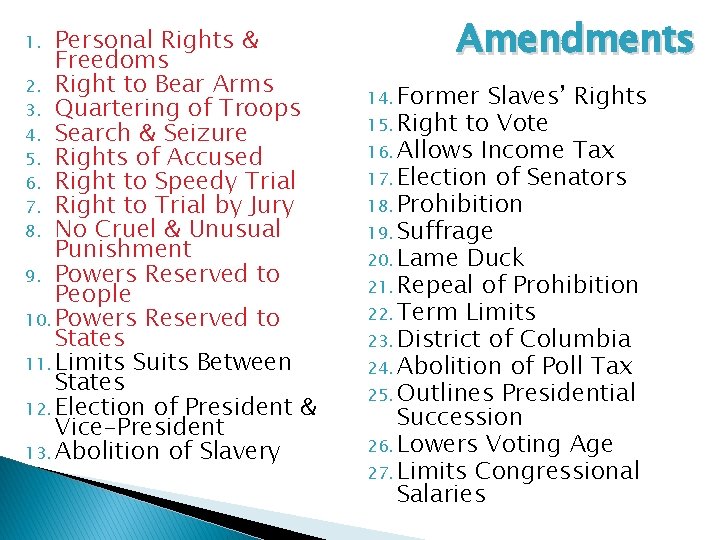 Personal Rights & Freedoms 2. Right to Bear Arms 3. Quartering of Troops 4.