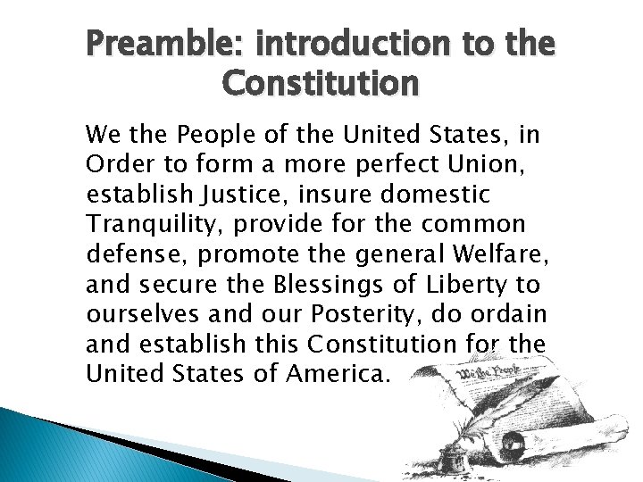 Preamble: introduction to the Constitution We the People of the United States, in Order