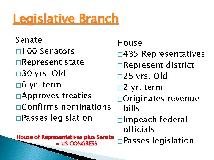 Legislative Branch Senate House � 100 Senators � 435 Representatives � Represent state �