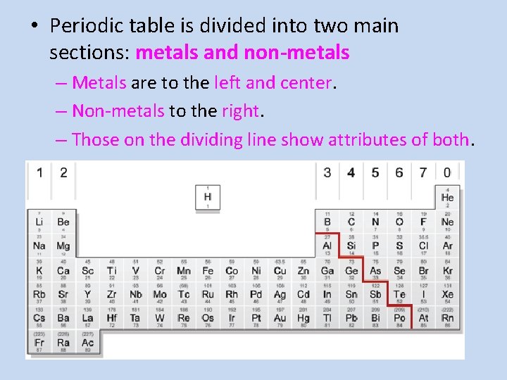  • Periodic table is divided into two main sections: metals and non-metals –