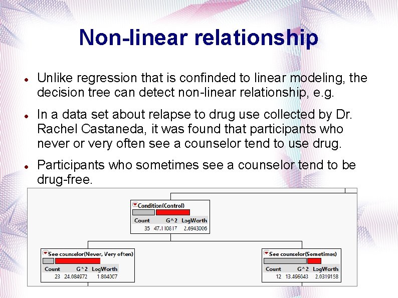Non-linear relationship Unlike regression that is confinded to linear modeling, the decision tree can