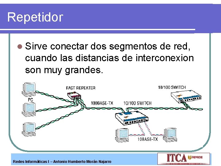 Repetidor l Sirve conectar dos segmentos de red, cuando las distancias de interconexion son