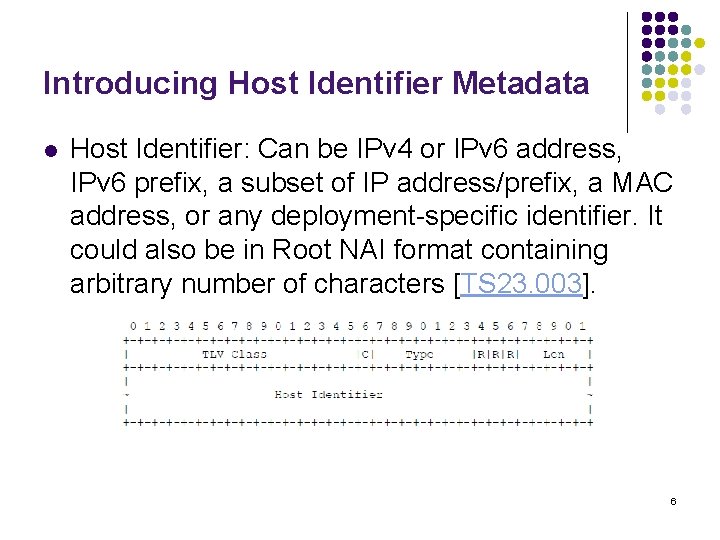 Introducing Host Identifier Metadata l Host Identifier: Can be IPv 4 or IPv 6