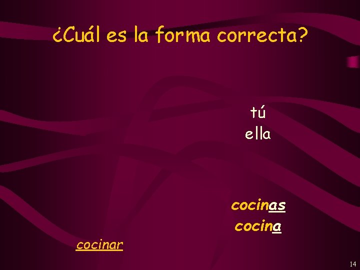 ¿Cuál es la forma correcta? tú ella cocinar cocinas cocina 14 