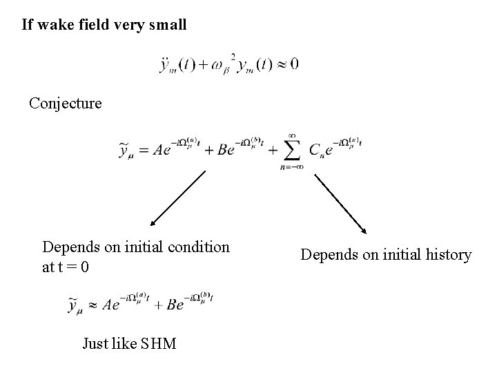 If wake field very small Conjecture Depends on initial condition at t = 0