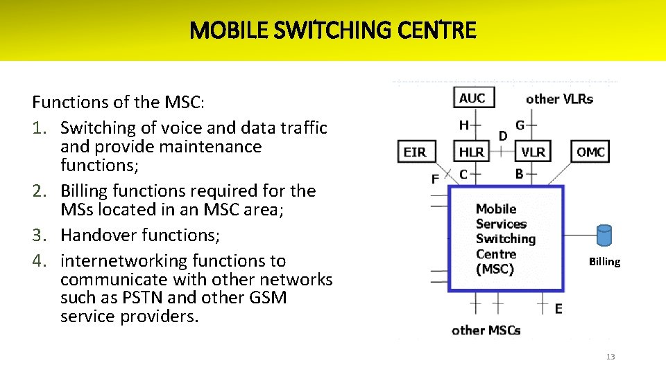 MOBILE SWITCHING CENTRE Functions of the MSC: 1. Switching of voice and data traffic