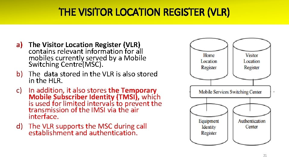 THE VISITOR LOCATION REGISTER (VLR) a) The Visitor Location Register (VLR) contains relevant information