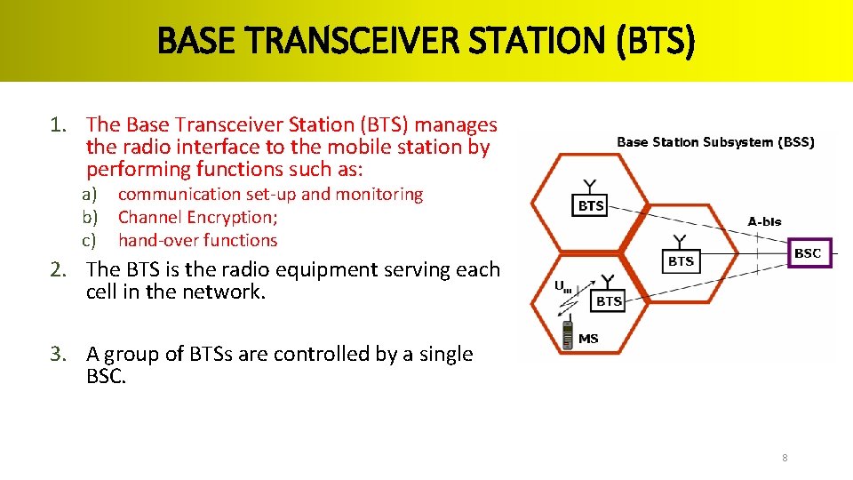 BASE TRANSCEIVER STATION (BTS) 1. The Base Transceiver Station (BTS) manages the radio interface