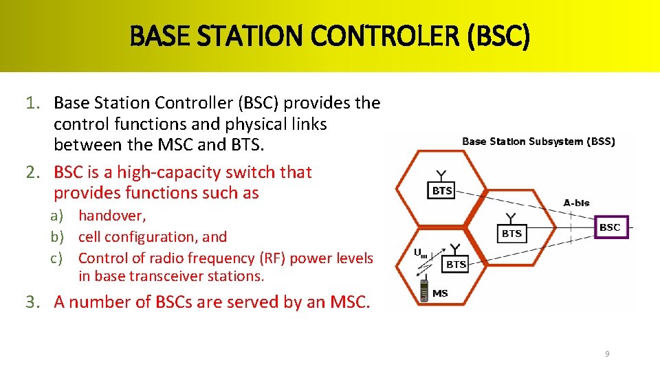 BASE STATION CONTROLER (BSC) 1. Base Station Controller (BSC) provides the control functions and