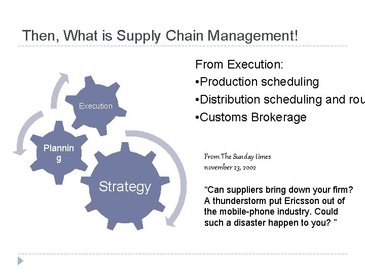 Then, What is Supply Chain Management! Execution Plannin g From Execution: • Production scheduling