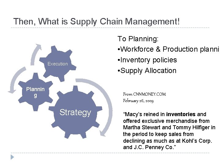 Then, What is Supply Chain Management! Execution Plannin g To Planning: • Workforce &