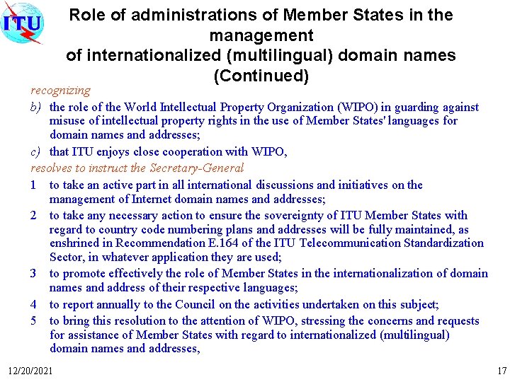 Role of administrations of Member States in the management of internationalized (multilingual) domain names