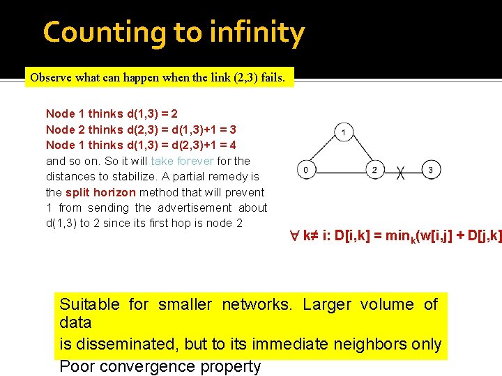 Counting to infinity Observe what can happen when the link (2, 3) fails. Node