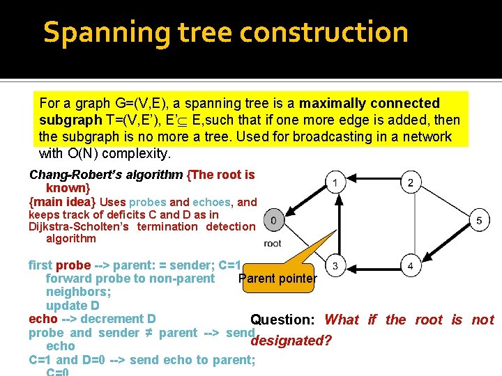 Spanning tree construction For a graph G=(V, E), a spanning tree is a maximally