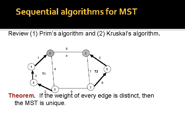 Sequential algorithms for MST Review (1) Prim’s algorithm and (2) Kruskal’s algorithm. Theorem. If