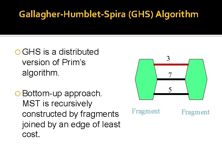 Gallagher-Humblet-Spira (GHS) Algorithm GHS is a distributed version of Prim’s algorithm. approach. MST is