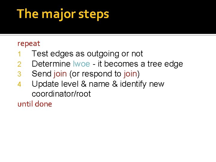 The major steps repeat 1 Test edges as outgoing or not 2 Determine lwoe The major steps repeat 1 Test edges as outgoing or not 2 Determine lwoe
