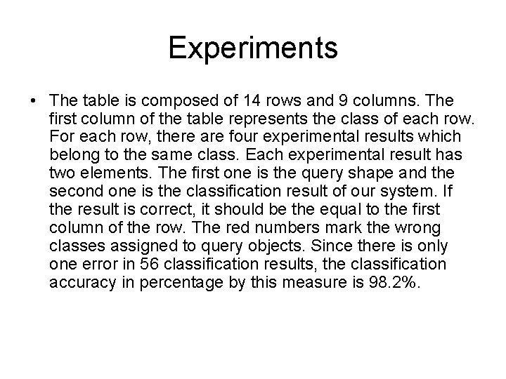Experiments • The table is composed of 14 rows and 9 columns. The first