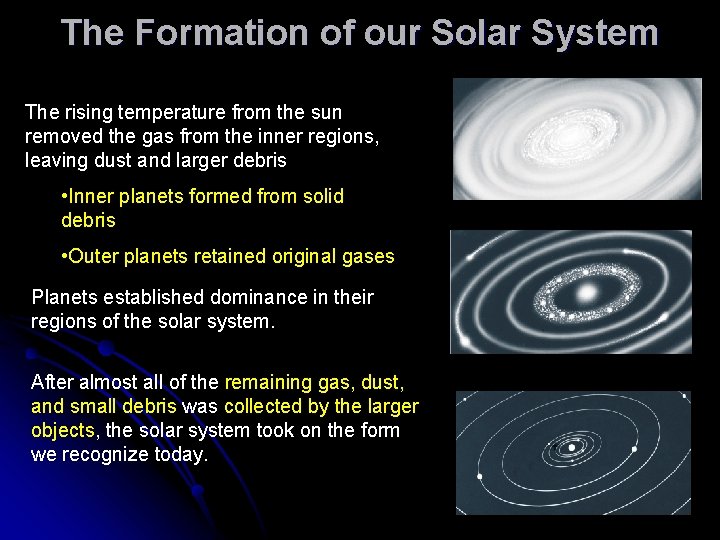 The Formation of our Solar System The rising temperature from the sun removed the