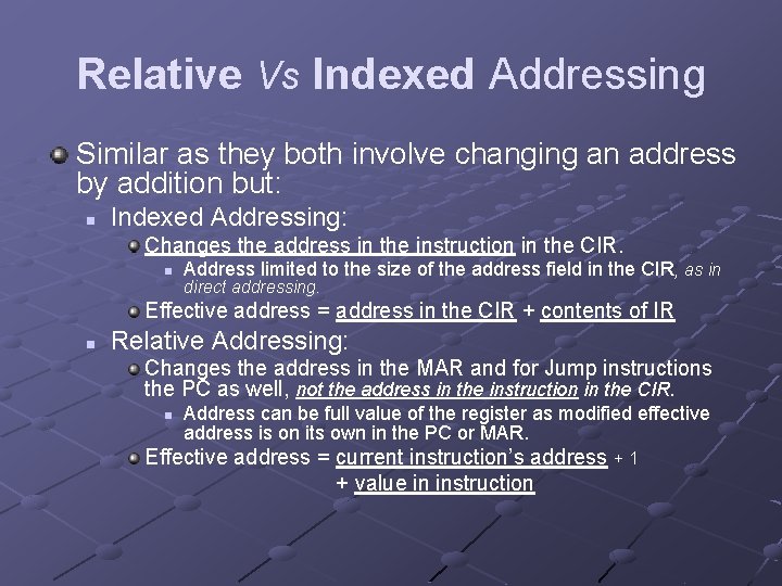 Relative Vs Indexed Addressing Similar as they both involve changing an address by addition