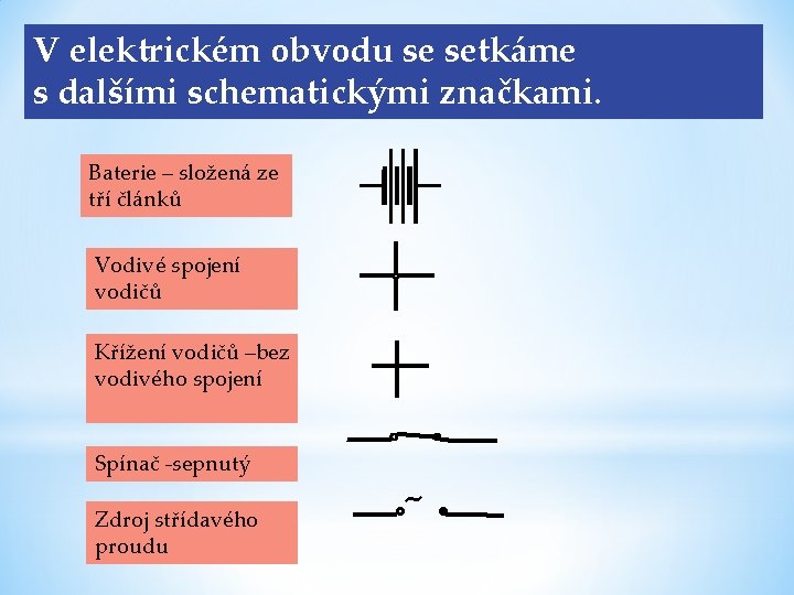 V elektrickém obvodu se setkáme s dalšími schematickými značkami. Baterie – složená ze tří