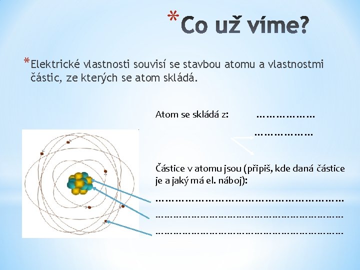 * *Elektrické vlastnosti souvisí se stavbou atomu a vlastnostmi částic, ze kterých se atom