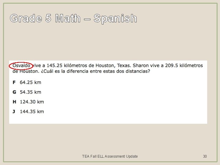 Grade 5 Math – Spanish TEA Fall ELL Assessment Update 30 