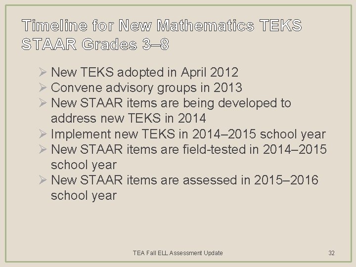 Timeline for New Mathematics TEKS STAAR Grades 3– 8 Ø New TEKS adopted in