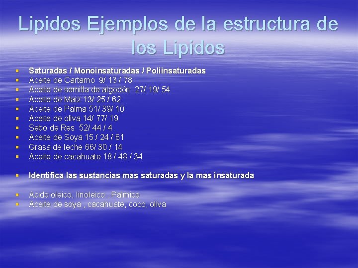 Lipidos Ejemplos de la estructura de los Lipidos § § § § § Saturadas