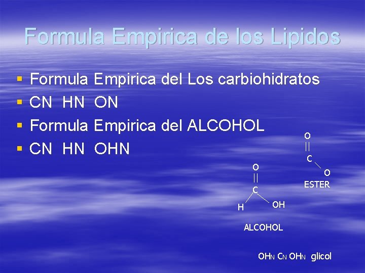 Formula Empirica de los Lipidos § § Formula Empirica del Los carbiohidratos CN HN
