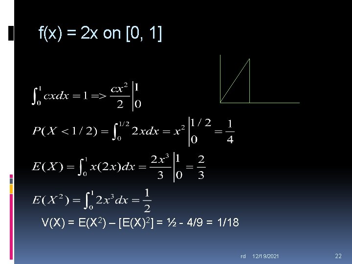f(x) = 2 x on [0, 1] V(X) = E(X 2) – [E(X)2] =