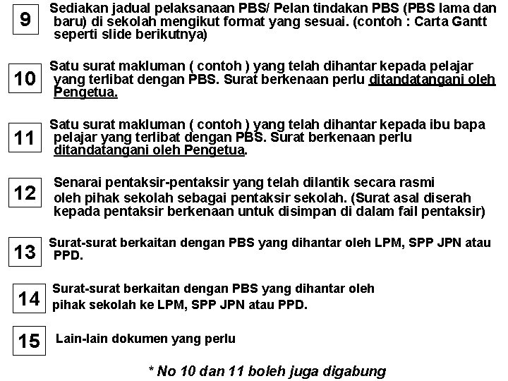 9 Sediakan jadual pelaksanaan PBS/ Pelan tindakan PBS (PBS lama dan baru) di sekolah