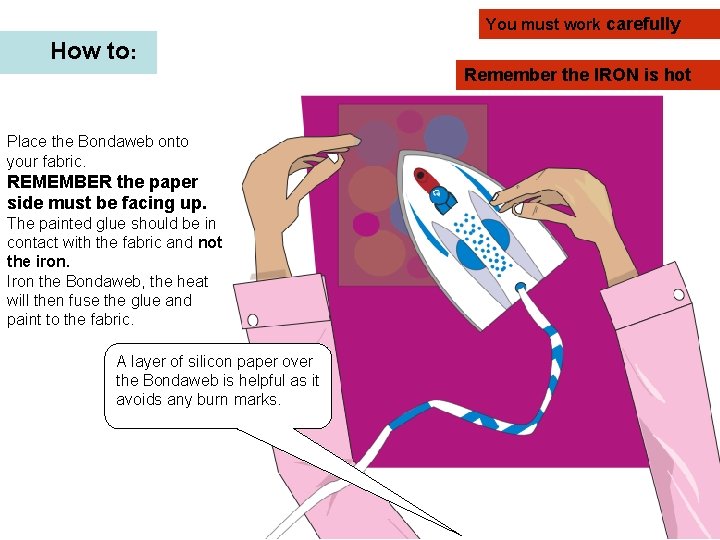 You must work carefully How to: Remember the IRON is hot Place the Bondaweb