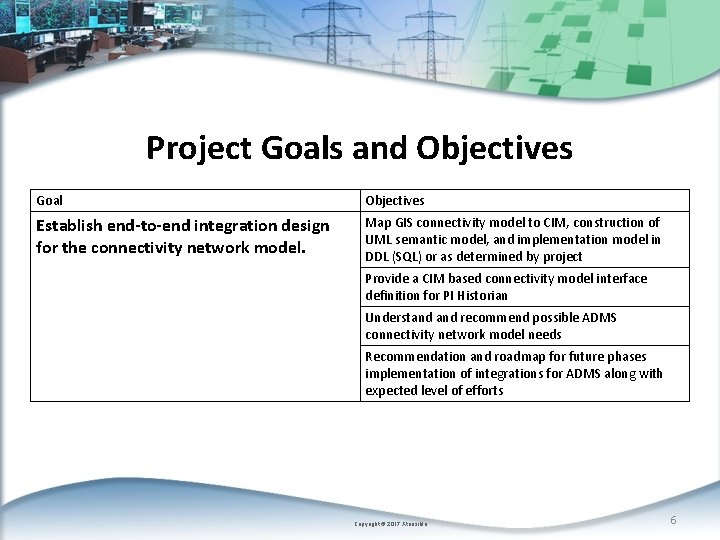 Project Goals and Objectives Goal Objectives Establish end-to-end integration design for the connectivity network