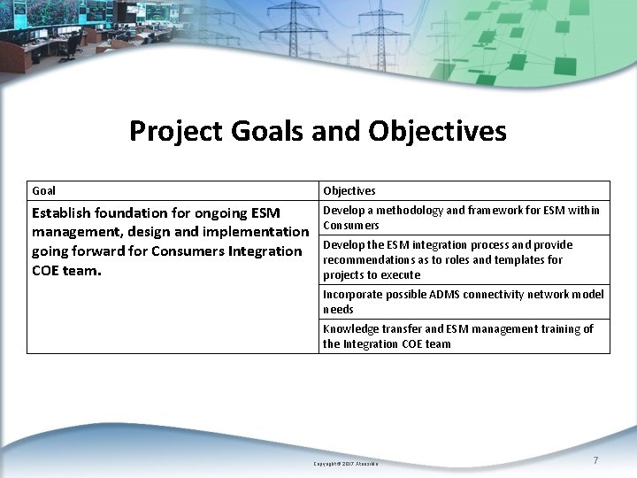Project Goals and Objectives Goal Objectives Establish foundation for ongoing ESM management, design and