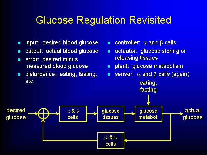 Glucose Regulation Revisited input: desired blood glucose l output: actual blood glucose l error: