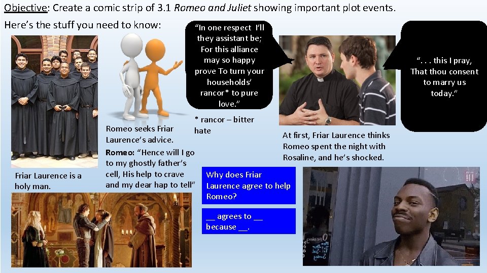 Objective: Create a comic strip of 3. 1 Romeo and Juliet showing important plot