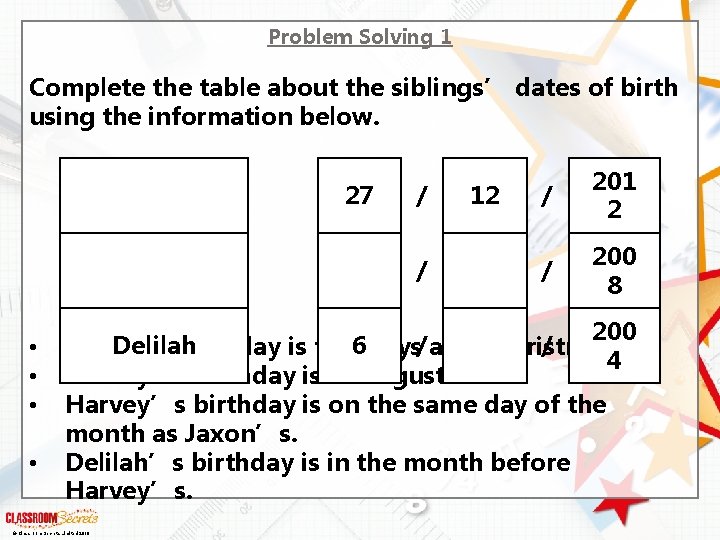 Problem Solving 1 Complete the table about the siblings’ dates of birth using the